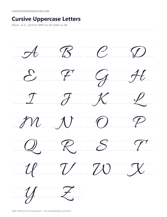 Cursive uppercase alphabet worksheet set in the Allura script style