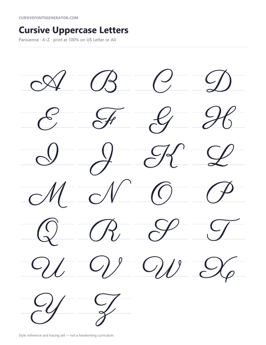 Cursive alphabet worksheet set in the Parisienne script style