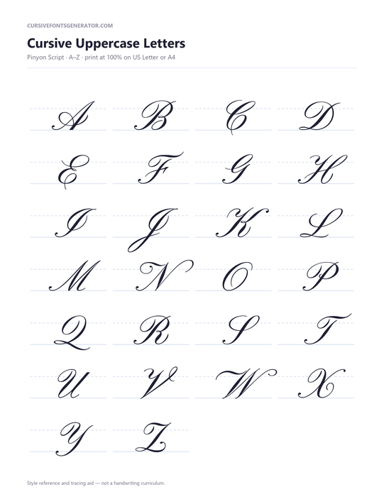 Cursive alphabet worksheet set in the Pinyon Script style
