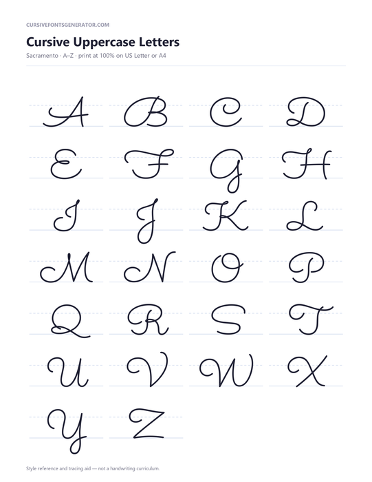 Cursive alphabet worksheet set in the Sacramento script style